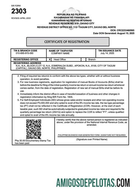 Certificado de registro realista das Filipinas modelo Word e PDF, versão 2
